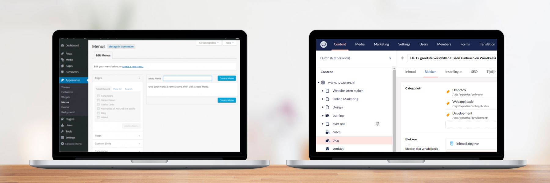 Links het menu van Wordpress en rechts het menu van Umbraco