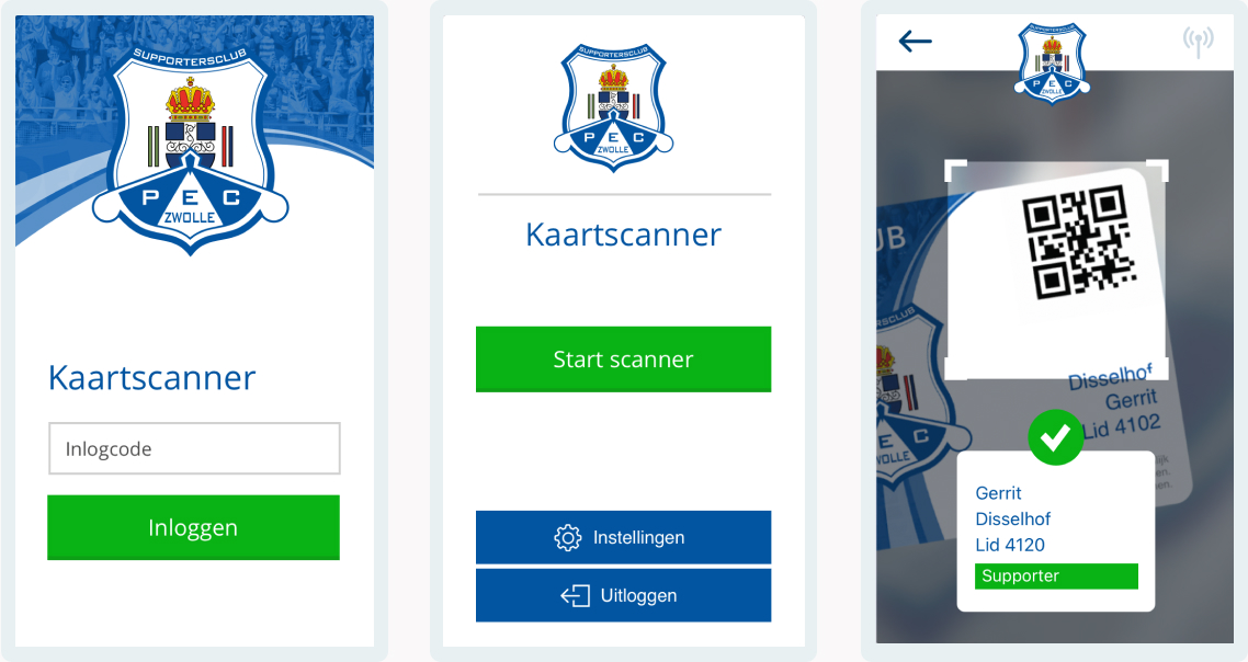 Screens of Scan app for supporters association PEC Zwolle